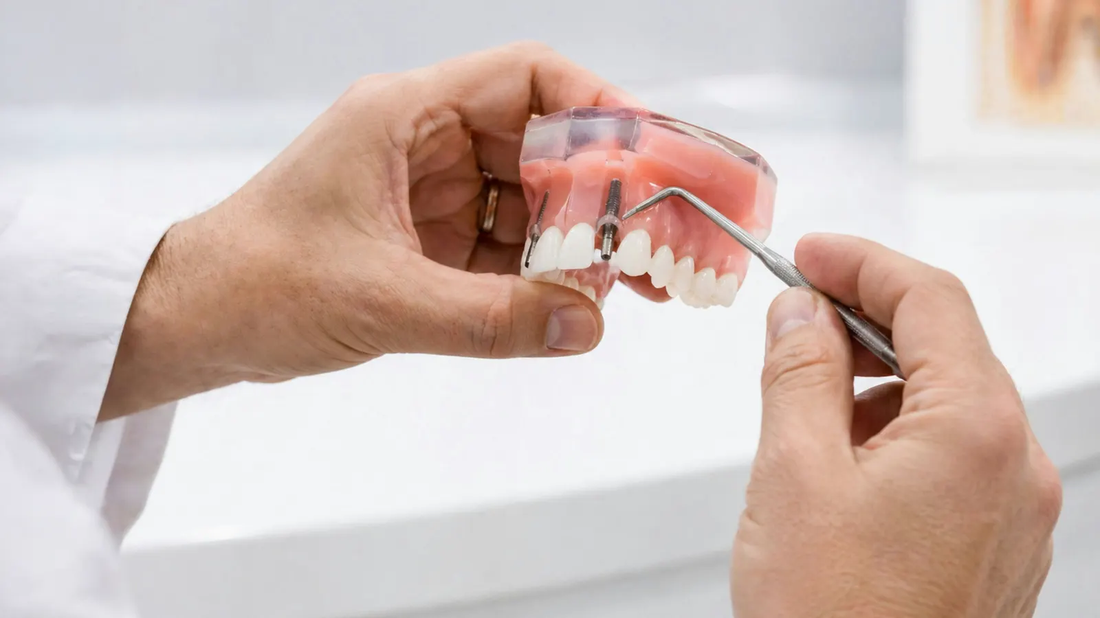 Fogorvos implantátumos fogpótlás modelljén mutatja be a beültetett implantátumokat