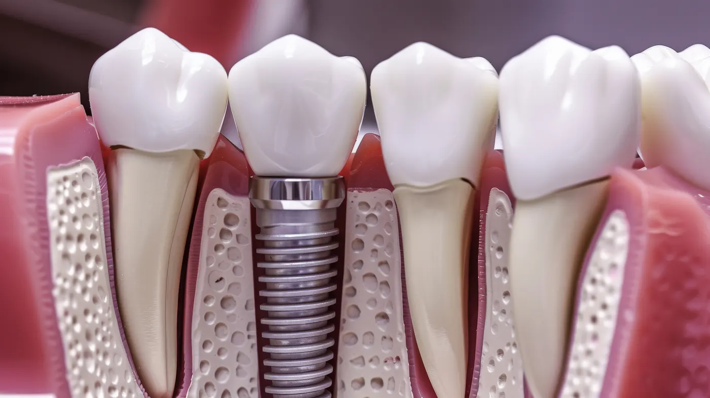 Fogimplantátum metszete a természetes fogak között: a csontba ültetett implantátum, a felépítmény és a korona