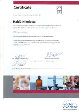 Hajdú Nikoletta Ivoclar Vivadent BPS tanúsítványa (Schaan, 2020)